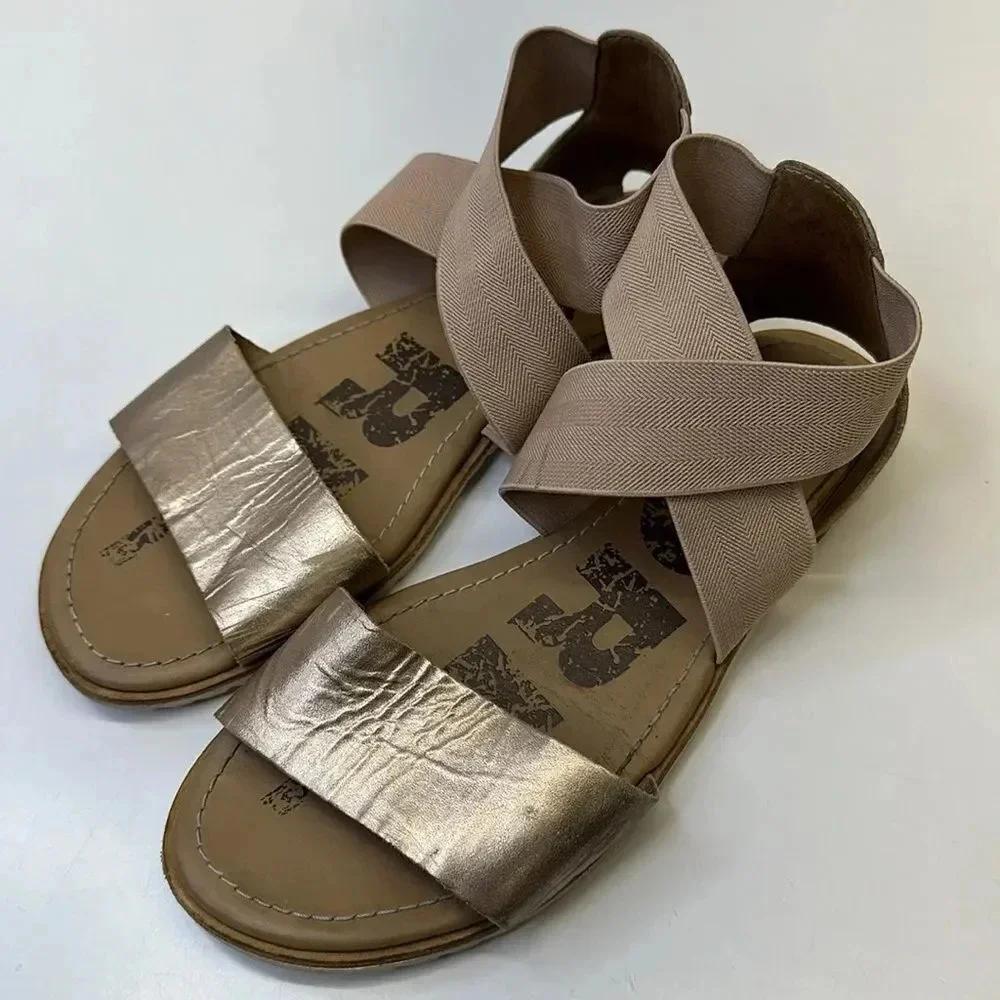 Sorel Ella Sandals Flats Leather Shoes Crisscross Strap Gold Brown Size 7.5